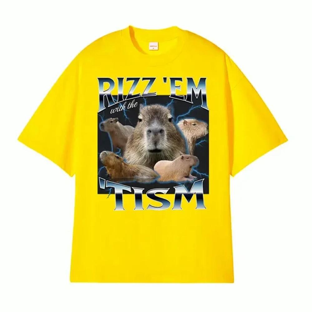 Rizz Em with The Tism Retro T Shirt Funny Cute Kawaii Capybara Meme T-shirt Men's Women Casual Fashion Humor Short Sleeve 82904