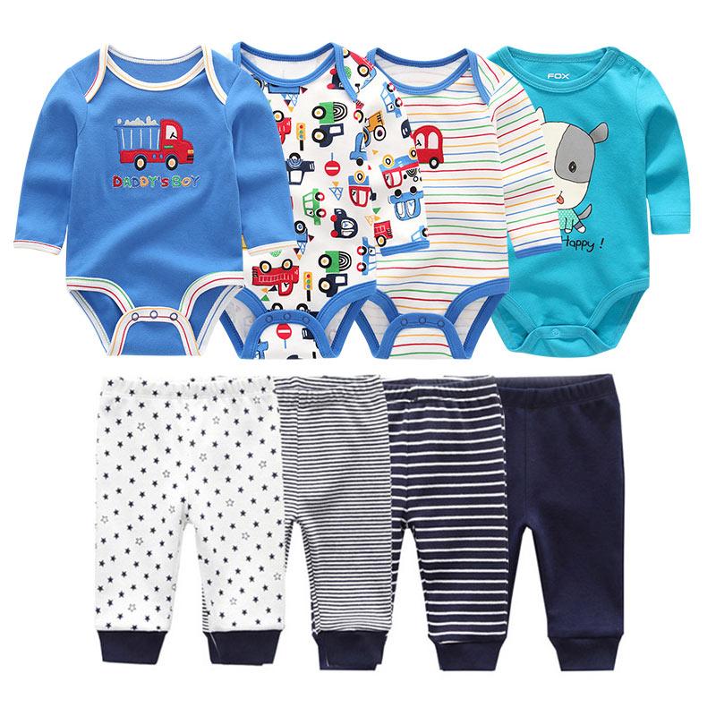 8Pcs Newborn Baby Boys Girls Clothes Set Cotton Cartoon Print Long Sleeve Bodysuit and Pants Infant Clothig Outfits