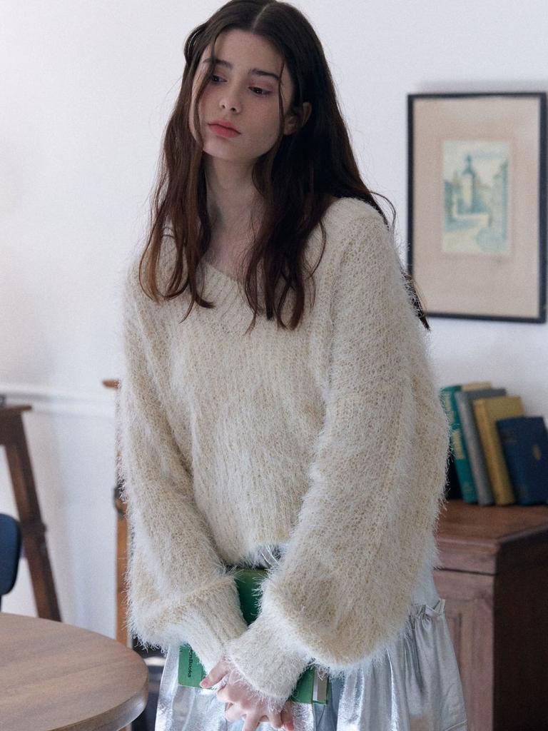 FABRICSEOUL V Neck Feather Knit_Butter