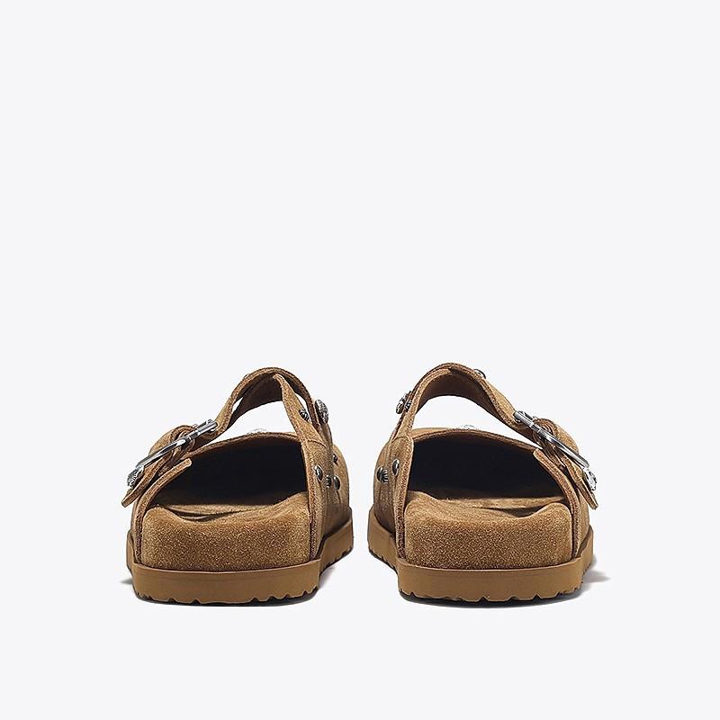 

[Spot] Brown metal rivet bag head women s shoes one pedal lazy thick-soled retro leather Birkenstock half slippers 35