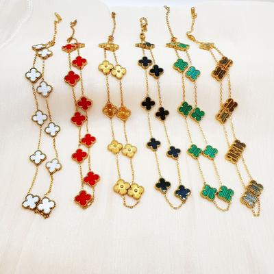 Collier double face en acier titane avec trèfle à quatre feuilles et dix fleurs pour femme, bijou de tempérament, ne perd pas sa couleur