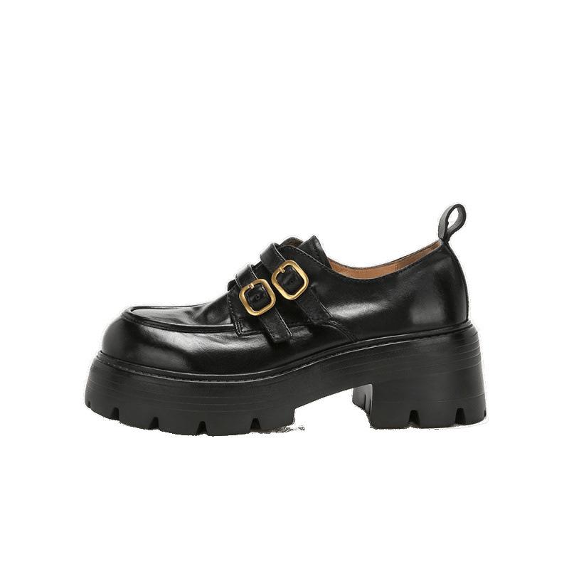 Chaussures Peau de Cheval Lavée Petite Boucle Dorée Talon Épais Plateforme Mocassins Chaussures Simples Chaussures en Cuir Petites pour Femmes