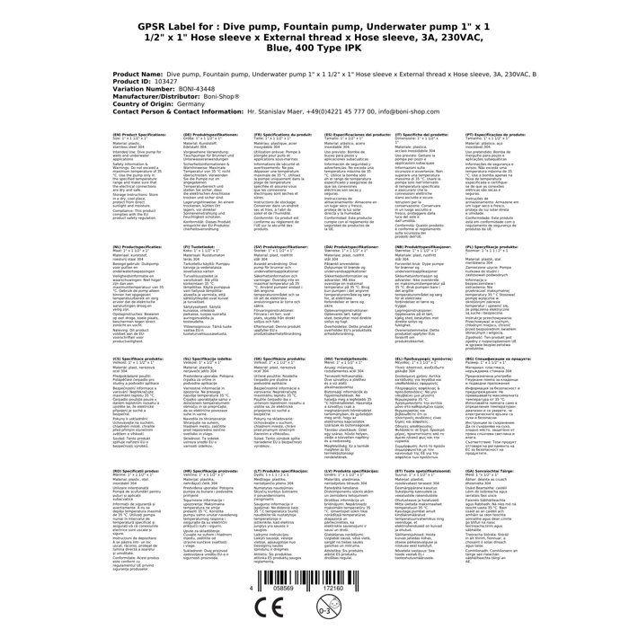 Pompe Submersible 230V, 0.4kW, 7.5m³/h, avec Flotteur