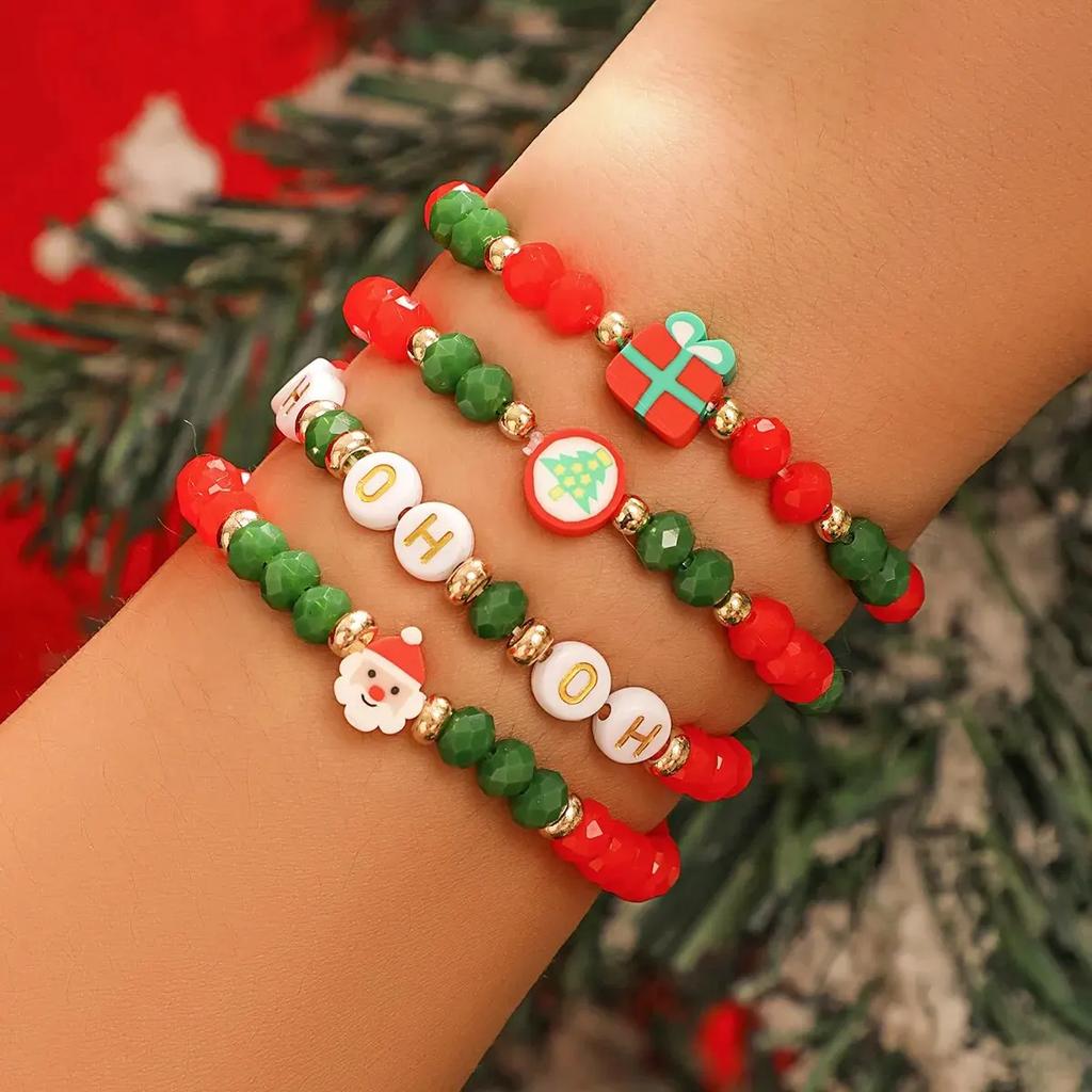 4Pcs Christmas Handmade Strand Beads Chain Bracelets for Women Santa Claus Gift Box Tree Bangles Xmas Holiday Party Jewelry New