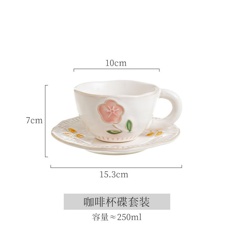 European-Style Ceramic Hand-Painted Relief Underglaze Coffee Cup And Saucer Set, Household Large-Capacity Teacup, Office Drinking Cup