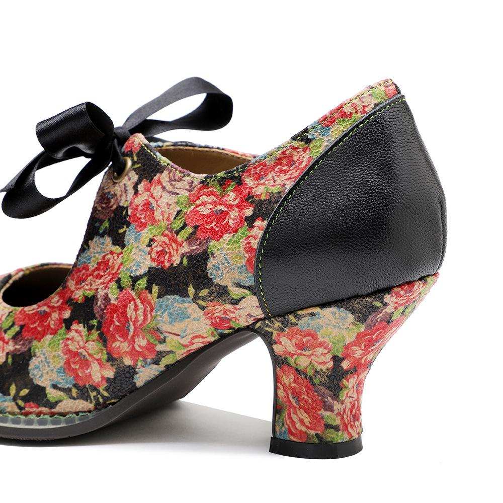 Johnature Dames Schoenen Zoete Print Pumps Vintage Landelijke Bloemige Kant Strik Dames Middelhoge Hak Schoenen