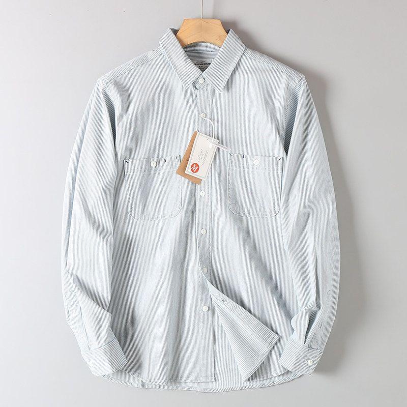 Foreign Trade Surplus Stock, All-Cotton, Washed, Skin-Friendly, Breathable Denim Shirt for Men, Spring and Autumn Striped Plaid Long-Sleeve Shirt Light Blue XL