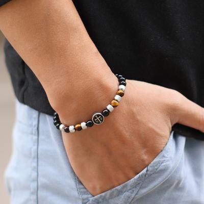 Retro Cross Bracelet For Men Stainless Steel Buckle 6mm Grade A Natural Tiger Eyes Stone Braslet Hiphop Rock Cycling Accessories
