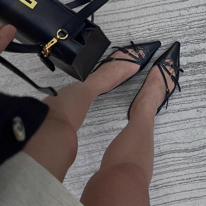 Patent Leather Thin Heel French High Heels Niche Design Sense 2025 Celebrity Word with Bag Head Sandals Empty Single Shoes Women