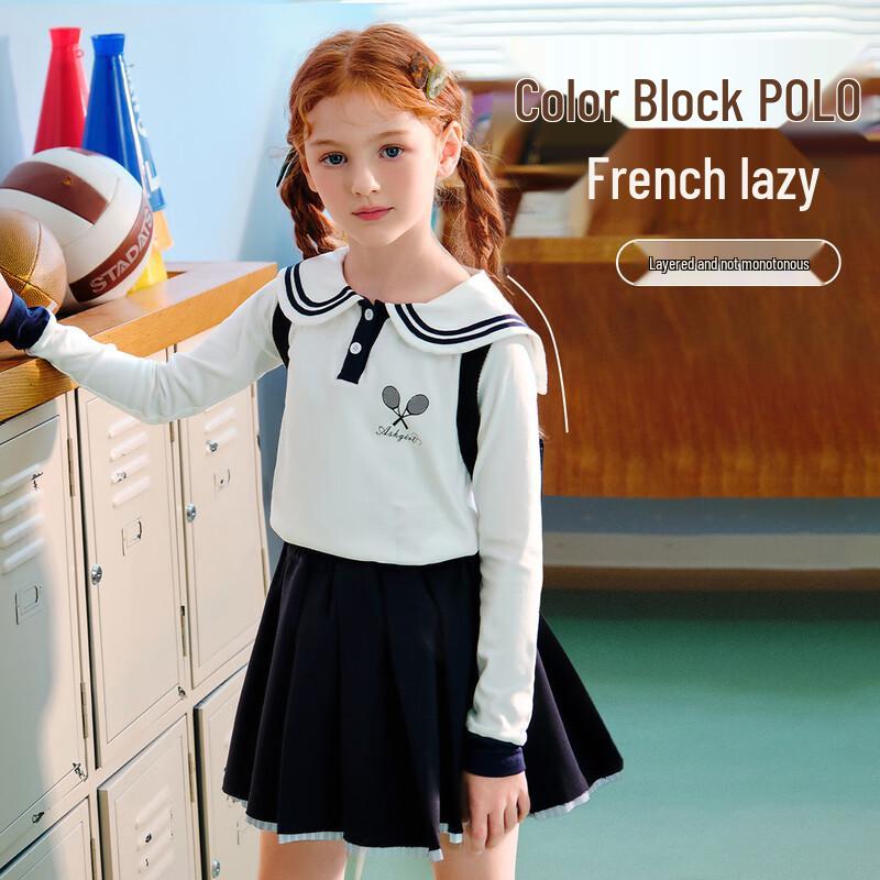 ASK JUNIOR Girls  French Style Sailor Collar Long Sleeve T-Shirt 140