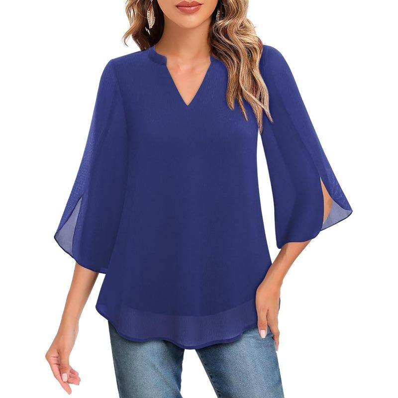 Fashion Loose Casual Summer Chiffon Blouse Women Loose V-neck Shirt Elegant Short Sleeve Solid Color Top Office Ladies Female Basic Women's Clothing