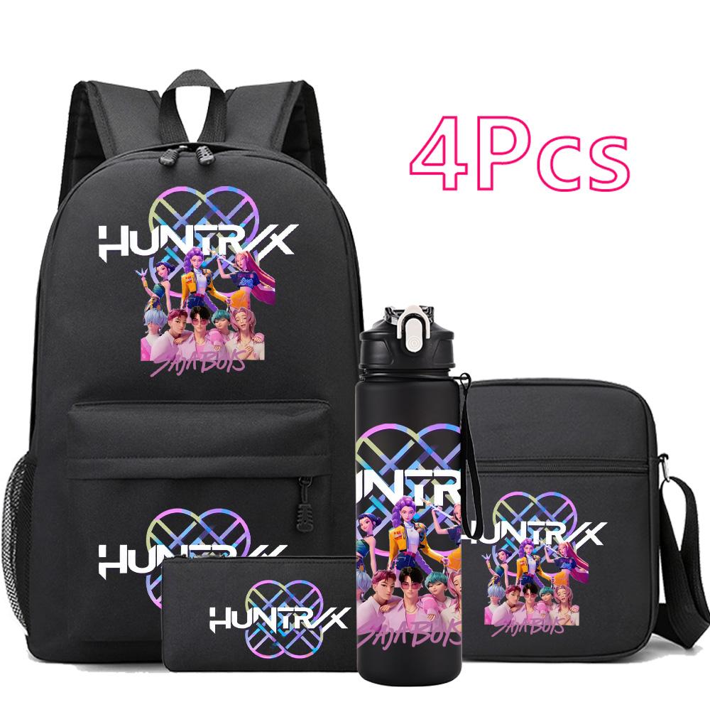 4Pcs/set Anime Cartoon K-Pop Printed Backpack with 750Ml Water Bottler for Teenager Student Girl Boy Bookbag Kid Gift Large Capacity Travel Bag