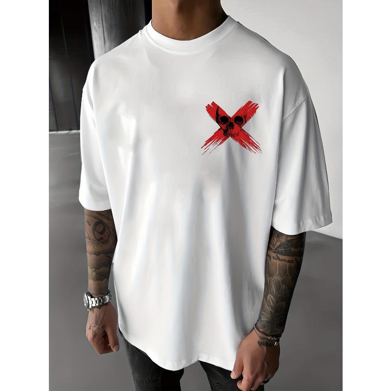 Round Neck T-Shirt - X Skull Print T-Shirt, Loose Fit, Breathable And Comfortable, Short Sleeves, Perfect for Halloween Gifts
