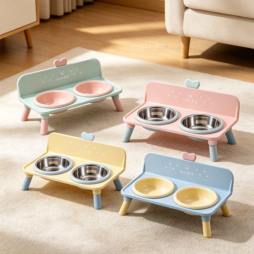 Love-heart Double Bowl Cat Bowl Stainless Steel Dog Water Bowl Cat Feeder Bowl for Puppy and Cat