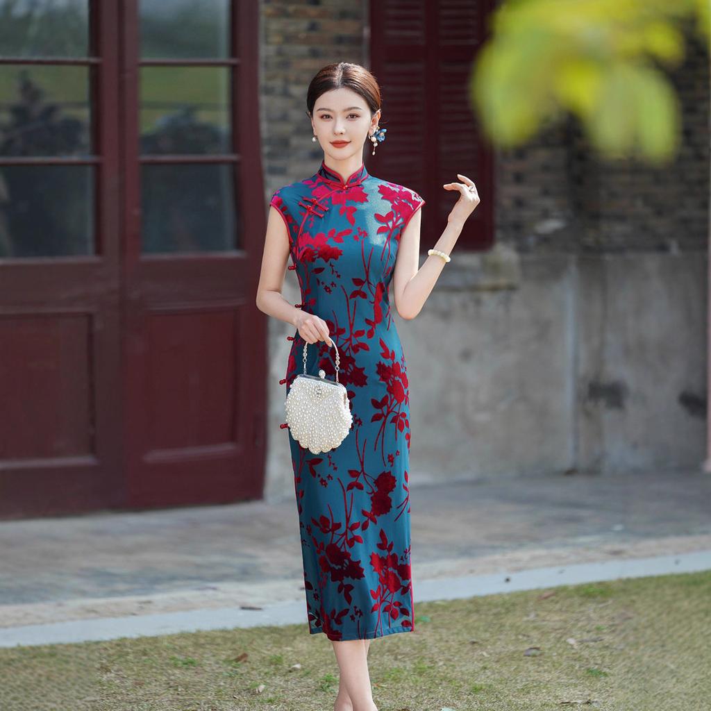 Shanghai cheongsam new 1011 flocking temperament high-end retro elegant long dress can be worn daily in summer