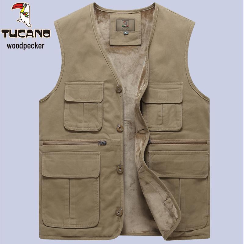 Woodpecker Men's Warm Fleece Lined Vest - Thickened Cotton Sleeveless Jacket for Autumn and Winter