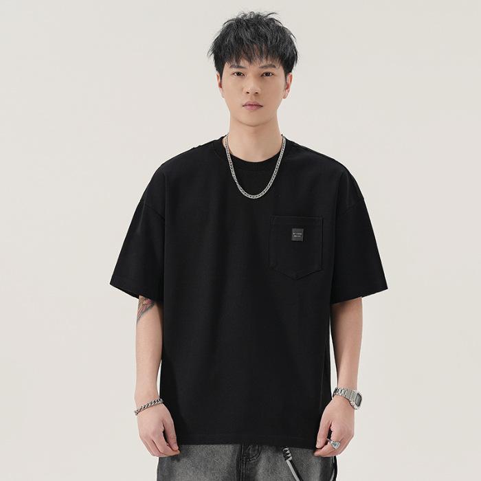 Chest Pocket Short Sleeve Heavy 300g Loose Casual and Versatile Shoulder Line Wear T-shirt for Men
