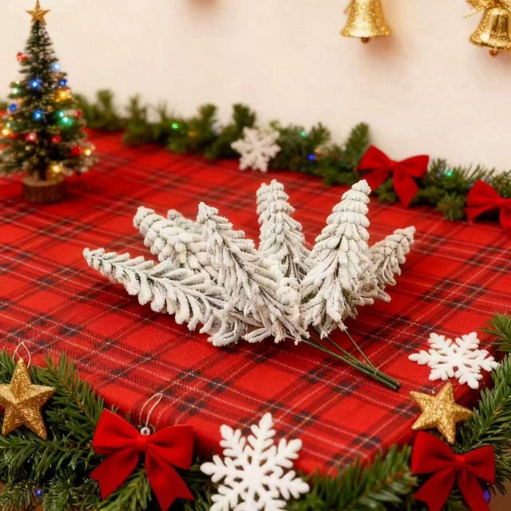 10PCS Green White Artificial Pine Branches Snow Flocking Xmas Tree Simulation Pine Needle Plastic DIY Garland Wreath