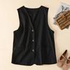 Women V Neck Button Down Sleeveless Linen Cotton Blend Vest With Pockets