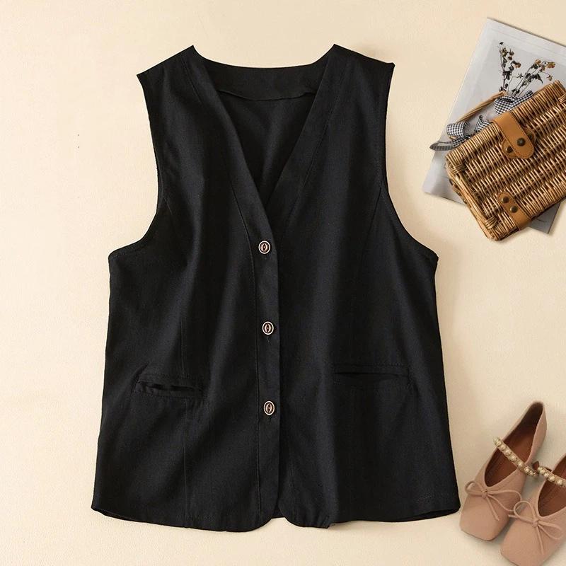 Women V Neck Button Down Sleeveless Linen Cotton Blend Vest With Pockets