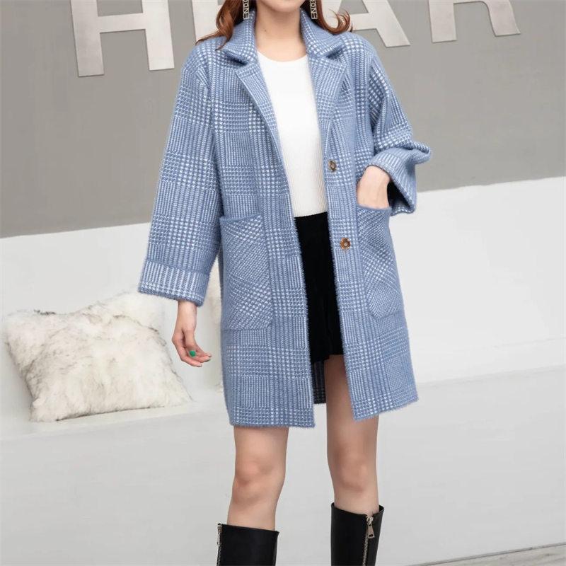 Faux Mink Cashmere Popular Plaid Coat Winter Women's New Korean Version of The Coat Long Lapel Woolen Coat