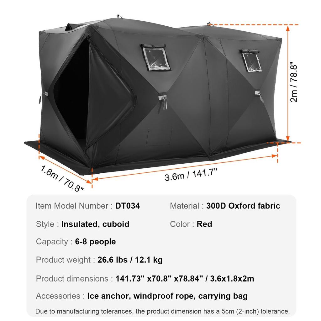 Portable Ice Shelter, 6-8 Person Pop-Up Ice Fishing Tent, 70 Square Feet Fishable Area, Ice Shanty for Winter Fishing, Waterproof Oxford Ice Cube with