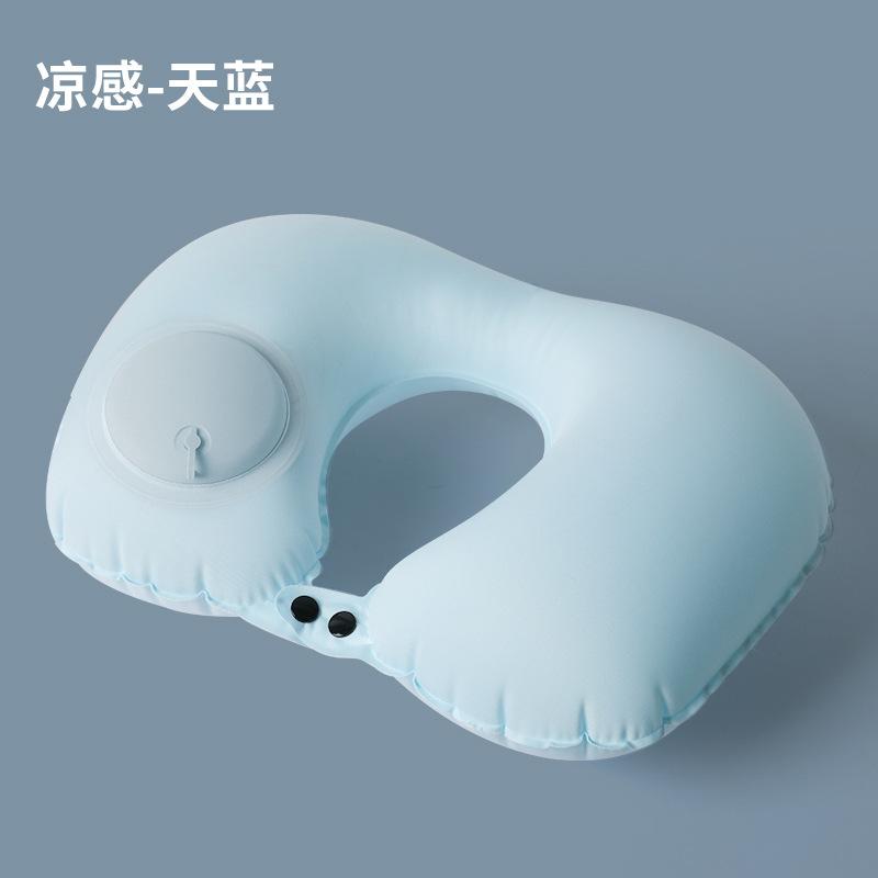 Ice Silk Inflatable Pillow Travel Portable Neck Pillow Press Inflatable U-shaped Pillow Can Store Airplane Pillow Travel Sanbao single simple decoration