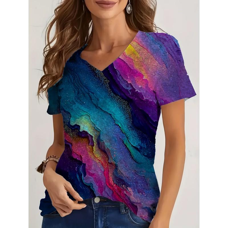 Womens V-Neck Loose Fit Short Sleeve T-Shirt With Floral Print Casual Top