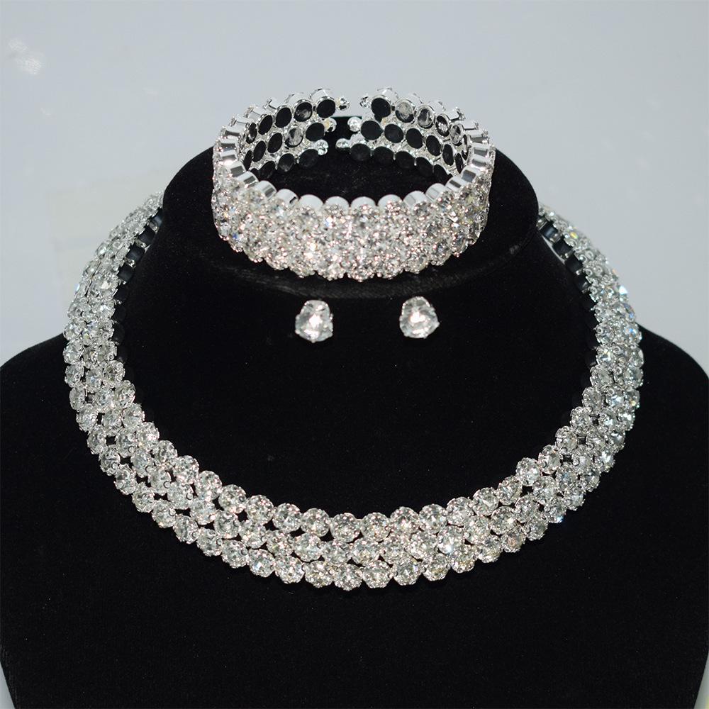 Gold & Silver Rhinestone Jewelry Set: Choker, Bracelet, Stud Earrings, & Necklace