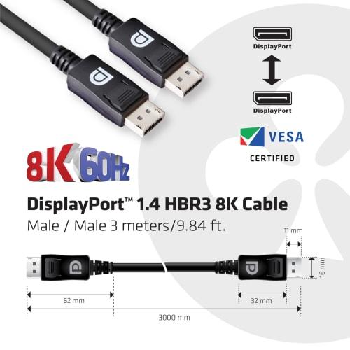Club3D DisplayPort 1.4 HBR3 (High Bit Rate 3) 8K 60Hz Male/Male 3m 28AWG Display VESA Certified Cable (CAC-1060)