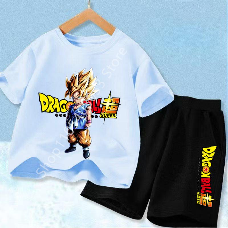2026 Anime Cool Goku Dragon Ball Z Boys CosPlay Short Sleeve Shorts with Pocket Beach Pants Breathable T-shirt Kids Suit