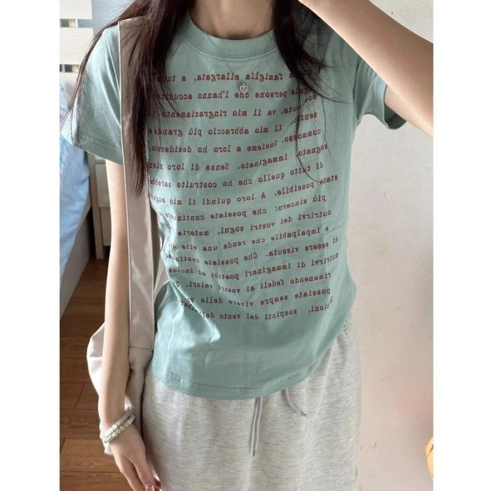 [Pure cotton] Shoulder short-sleeved T-shirt women s alphabet printing slim-fit short top light blue S светло-синий