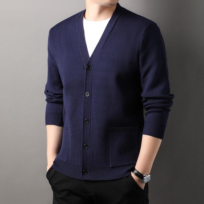 Men's Knitted Cardigan Coat Spring and Autumn V-neck Solid Color Top Real Pocket Sweater Business Casual Outdoor Sweater