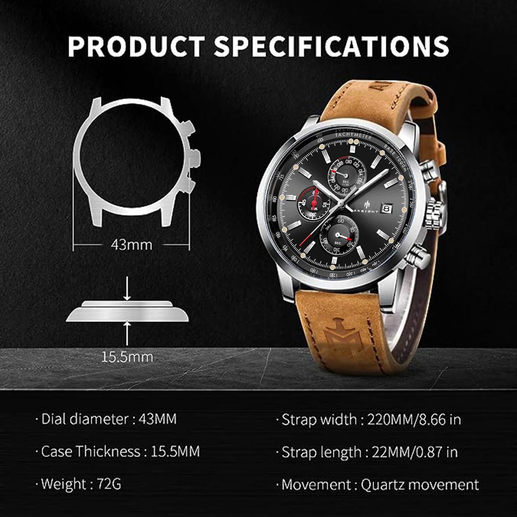 AKNIGHT Watch Genuine Leather Crystal Luminous Date Japanese Instruction Manual Men's - Stylish, Popular, Quartz, Strap, Chronograph, Display,