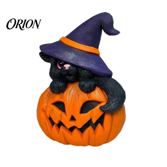 Handmade Resin Ornament for Yard Halloween Ornament, Witch Black Cat Pumpkin Shape, Durable Synthetic Cute Statue Party Weather Resistant Figurine,