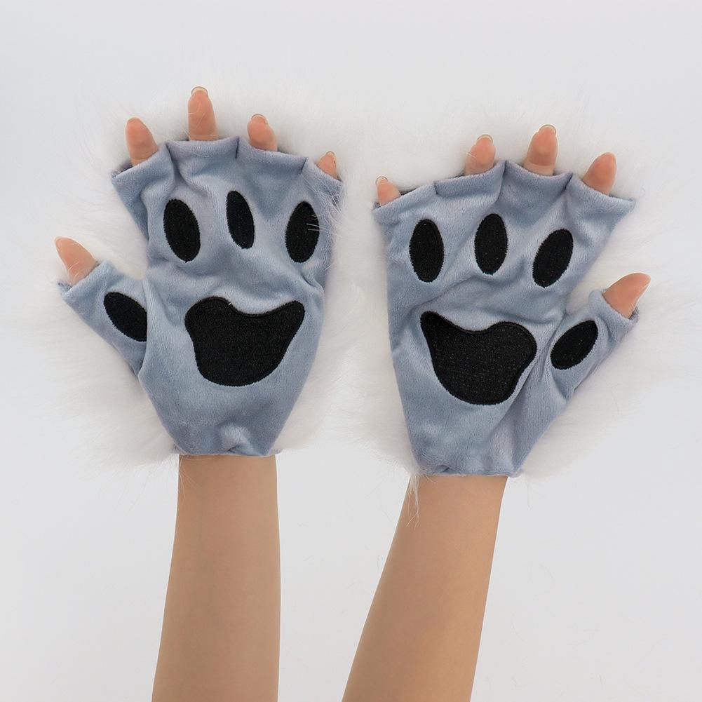 Furry Half Finger Animal Paw Gloves, Plush Cat Wolf Paw Gloves, Fursuit Cosplay Costume Gloves for Halloween Party Dress Up
