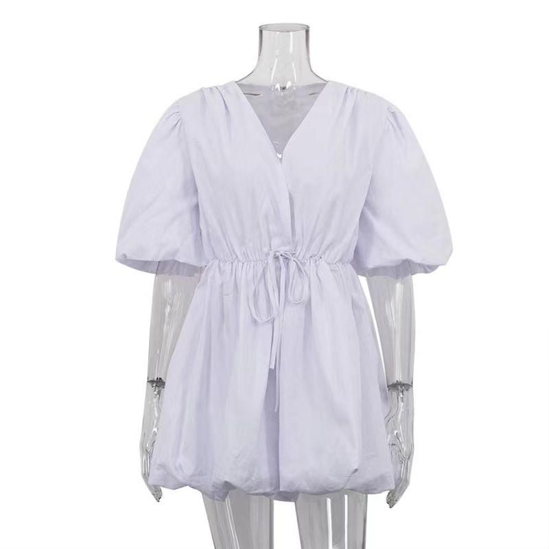 

Western Style New Lace-up Waist Hugging V-neck Puff sleeve Dress V-Neck Bubble Sleeve Dress White L