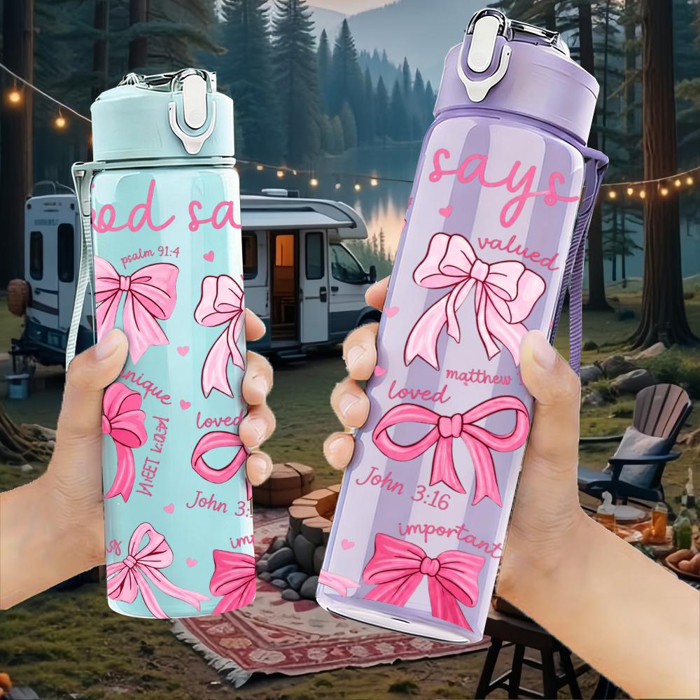 1PC Multiple Pink Bow Pattern Graphic,750ml Color Plastic Sports Water Bottle,Leakproof Flip Straw Lid,Suitable for Sports Office Home Use