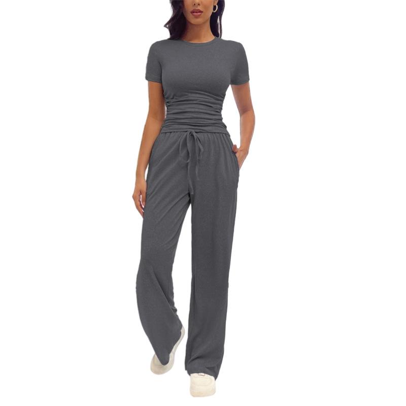 Fashion Casual Set Kardashian Style Ruched Short Sleeve Top Long Pants Set For Women