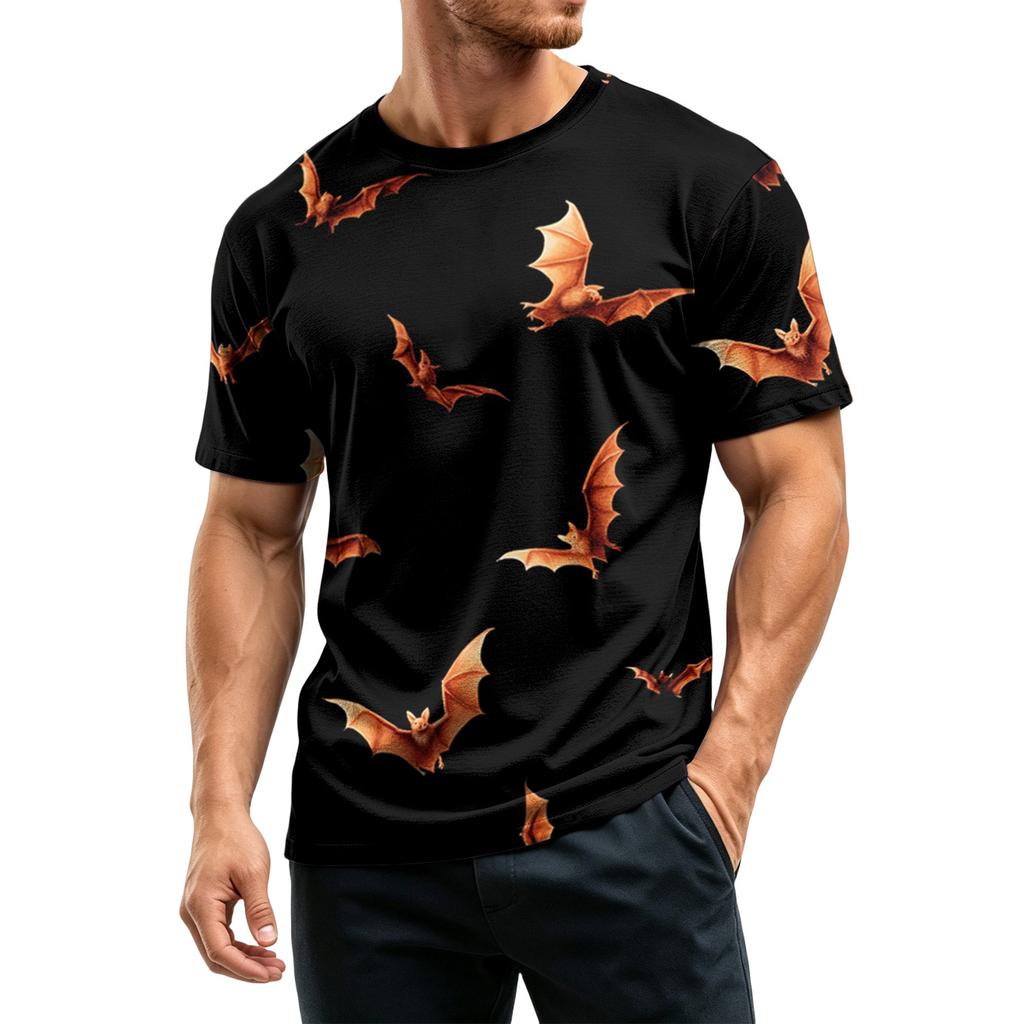 Men’s Casual Crew Neck Lightweight Breathable Short Sleeve T Shirt with Halloween Bat Print Loose Fit Comfortable Top