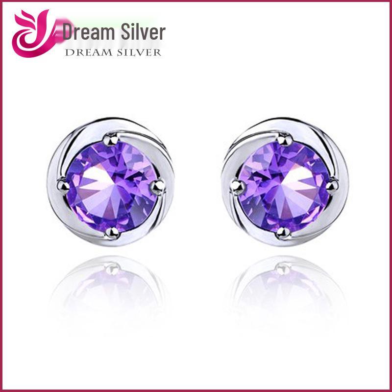S925 Sterling Silver Amethyst Round Four-Claw Crystal Stud Earrings