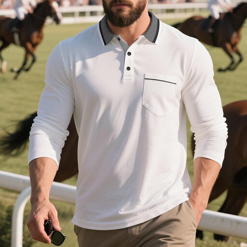 Cămașă Polo Casual Minimalistă pentru Bărbați, cu Guler Larg, Mânecă Lungă, Buzunar, Croială Largă.