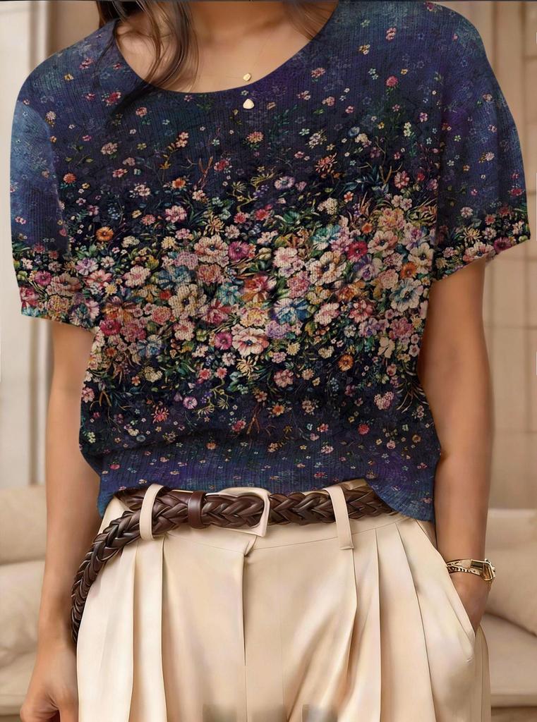 Blumenprint Rundhals Pullover Kurzarm Strickpullover für Damen - Sommer 2026 Edition