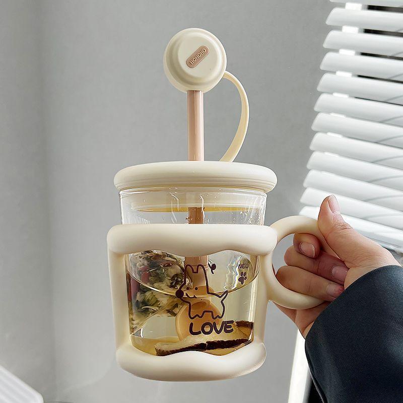

450ML Cartoon Adorable Glass Water Bottle Featuring Straw Tea Strainer Creative Simple Sippy Drink Water Cup For Girls Office Coffee M Practical Use Without 3D Stickers