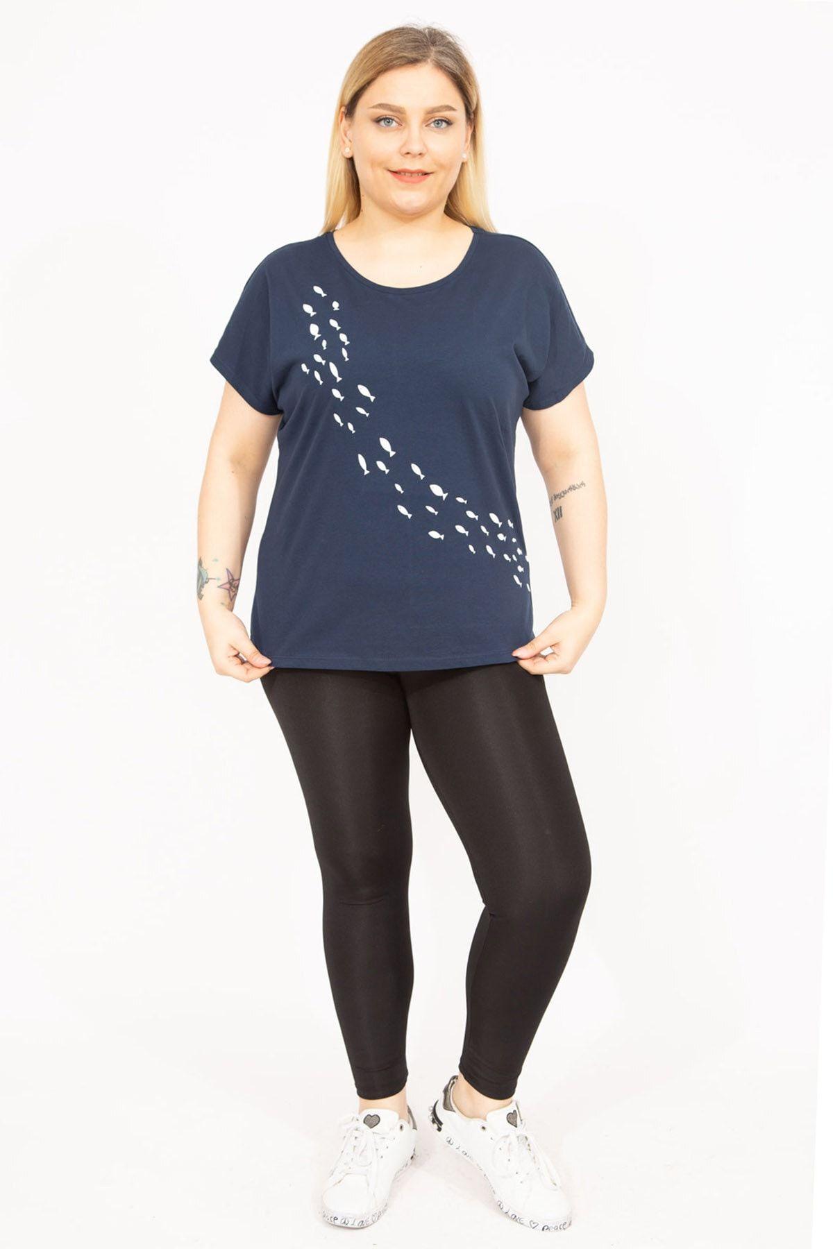 

Women s Big Size Blouse Navy Blue Plus Size Cotton Fabric Front Patterned Blouse 3XL