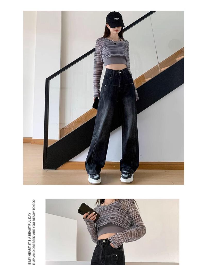 2024 Women's Plus Size Fleece-Lined Wide Leg Jeans - Winter Style, Loose Fit, Narrow Straight Floor-Length Pants