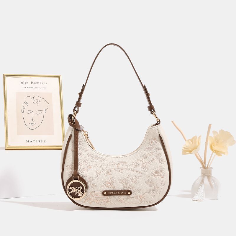 

San Milo Chinese Style Embroidery Crescent Moon Bag for Women 2025 New Arrival Fashion All-Match Work Clothing Messenger Bag Niche Style Underarm Bag Coffee
