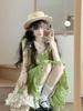 Bohemian Green Tassel Two-Piece Sleeveless Spaghetti Strap Summer Babydoll Mini Dress for Women