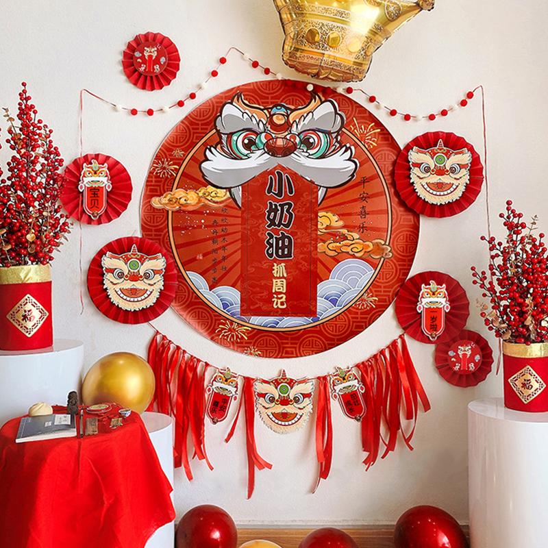 Chinese Lion Fan Home Decoration 2025 New Year Fan Flower Pendant Paper Craft Lion Background Wall Decor Housewarming Decoration