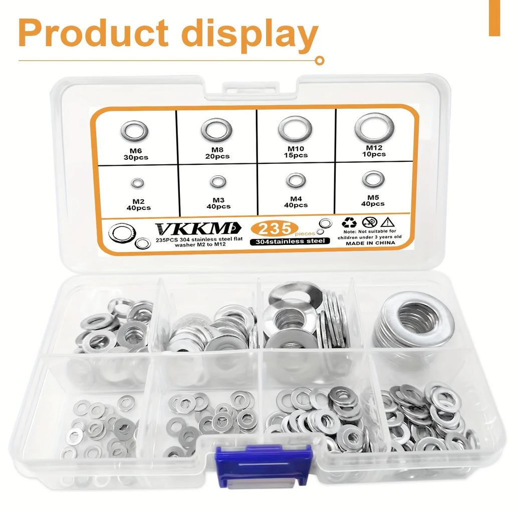 Kit șaibe plate din oțel inoxidabil cu 235 de bucăți - Potrivit pentru decorarea casei, întreținerea fabricii, automobile și motociclete.